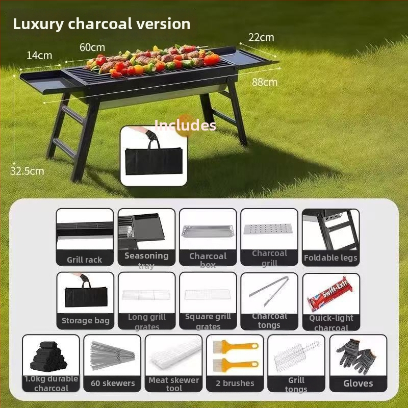 Prenosný vonkajší gril na uhlie – obdĺžnikový tvar, skladací s vyťahovacím šuflíkom, bez elektriny