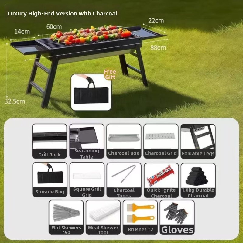 Prenosný vonkajší gril na uhlie – obdĺžnikový tvar, skladací s vyťahovacím šuflíkom, bez elektriny