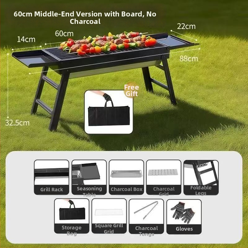 Prenosný vonkajší gril na uhlie – obdĺžnikový tvar, skladací s vyťahovacím šuflíkom, bez elektriny