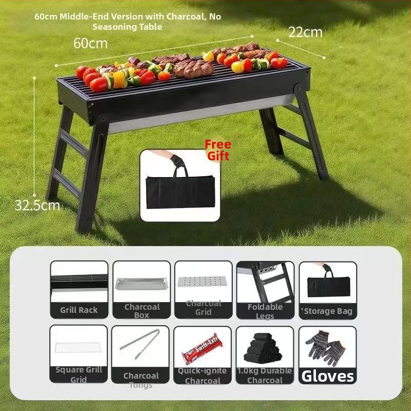 Prenosný vonkajší gril na uhlie – obdĺžnikový tvar, skladací s vyťahovacím šuflíkom, bez elektriny