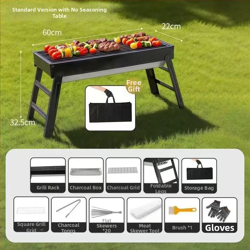 Prenosný vonkajší gril na uhlie – obdĺžnikový tvar, skladací s vyťahovacím šuflíkom, bez elektriny