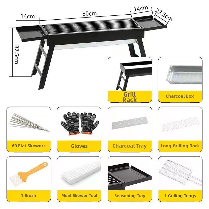Prenosný vonkajší gril na uhlie – obdĺžnikový tvar, skladací s vyťahovacím šuflíkom, bez elektriny