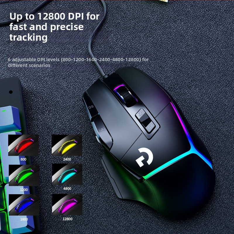 Mouse de gaming cu senzor optic 12000 DPI, 10 taste programabile, conexiune USB cablată, design ergonomic, macro-programabil.