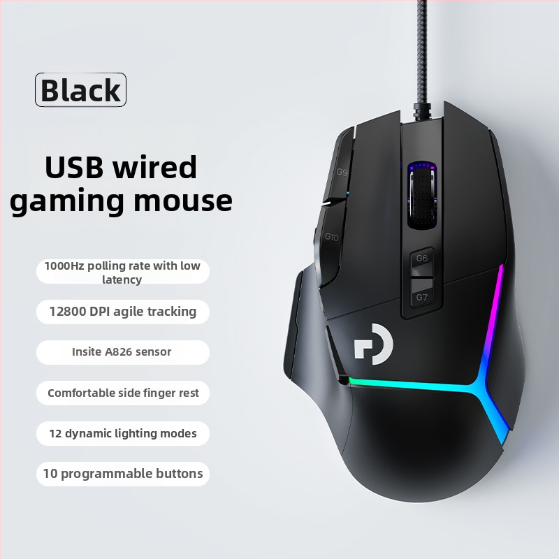 Mouse de gaming cu senzor optic 12000 DPI, 10 taste programabile, conexiune USB cablată, design ergonomic, macro-programabil.