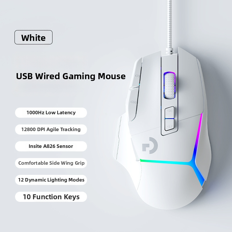 Mouse de gaming cu senzor optic 12000 DPI, 10 taste programabile, conexiune USB cablată, design ergonomic, macro-programabil.