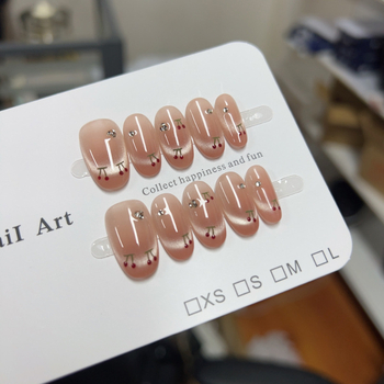 Χειροποίητα αυτοκόλλητα νύχια για κόλληση με εφέ ματιού γάτας, 3D μοτίβο κερασιού, γαλλικό σχέδιο