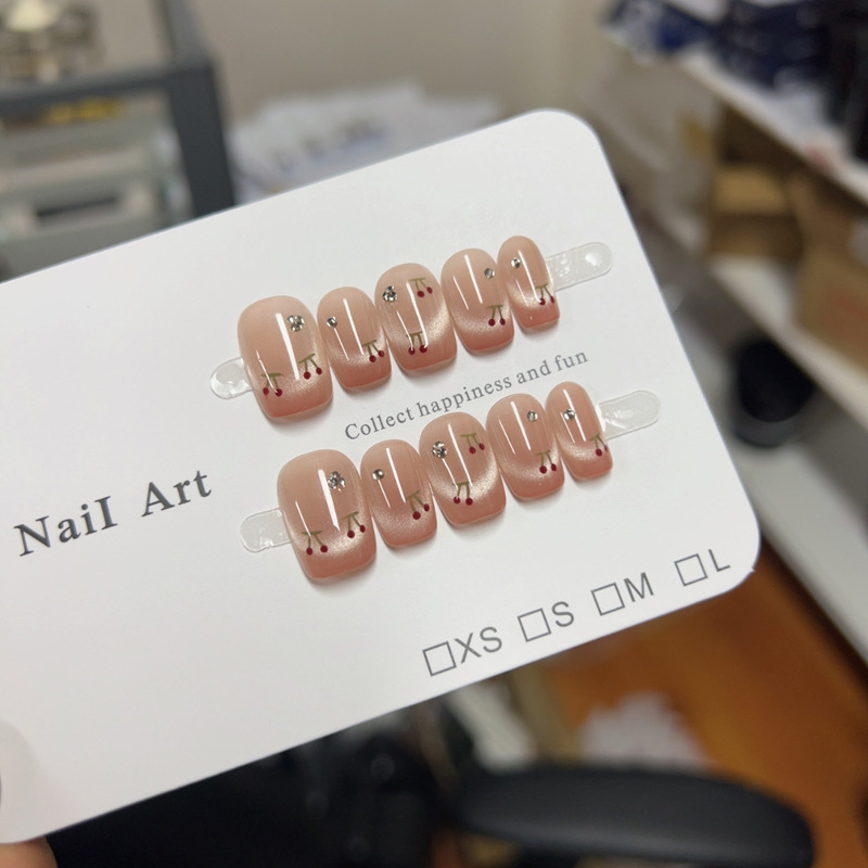 Χειροποίητα αυτοκόλλητα νύχια για κόλληση με εφέ ματιού γάτας, 3D μοτίβο κερασιού, γαλλικό σχέδιο