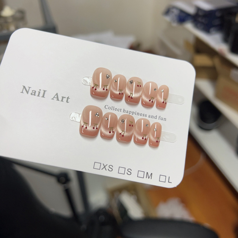 Χειροποίητα αυτοκόλλητα νύχια για κόλληση με εφέ ματιού γάτας, 3D μοτίβο κερασιού, γαλλικό σχέδιο