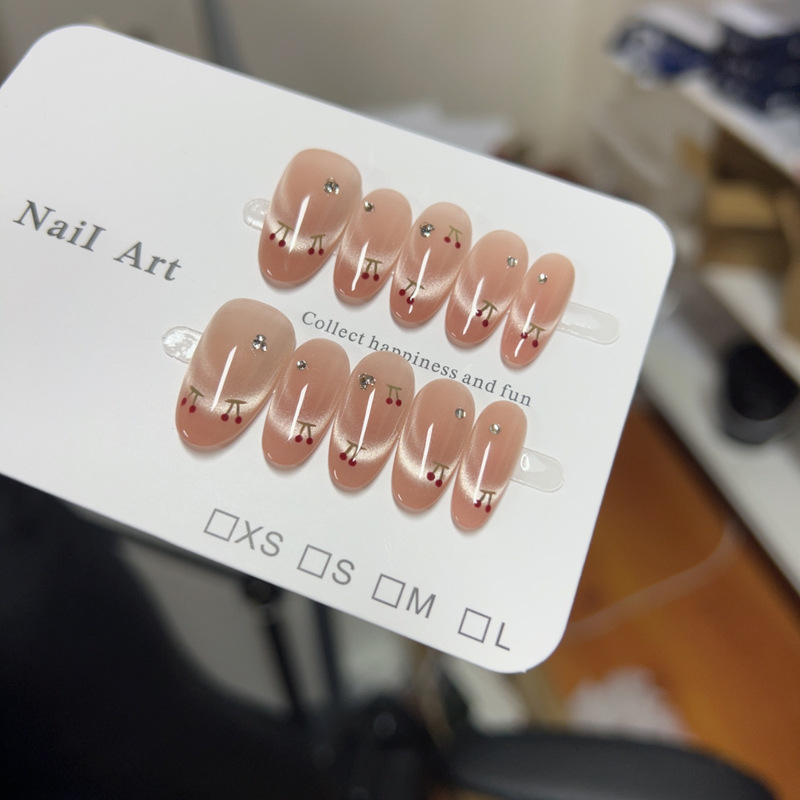 Χειροποίητα αυτοκόλλητα νύχια για κόλληση με εφέ ματιού γάτας, 3D μοτίβο κερασιού, γαλλικό σχέδιο