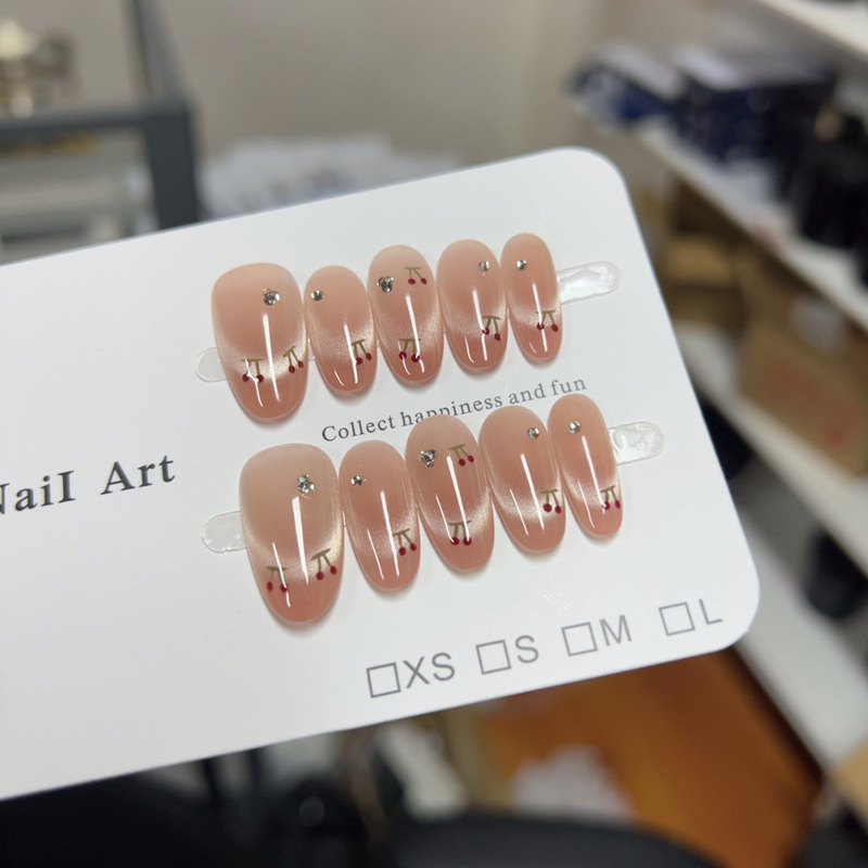 Χειροποίητα αυτοκόλλητα νύχια για κόλληση με εφέ ματιού γάτας, 3D μοτίβο κερασιού, γαλλικό σχέδιο