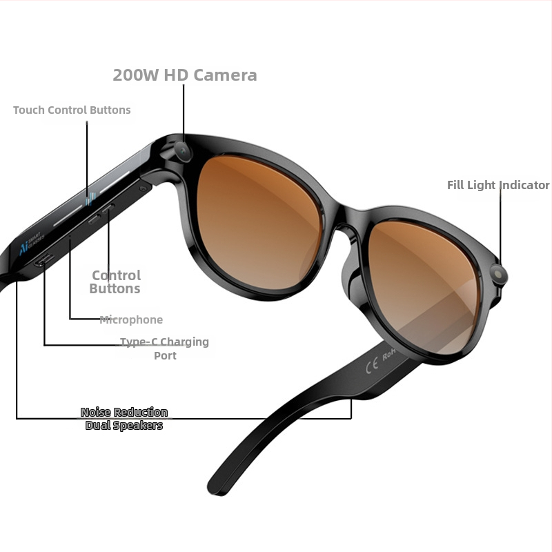 AI naočale s kamerom za prijevod, snimanje — 2MP, na glavi, kompatibilno s Android/iOS, zamjenjive leće