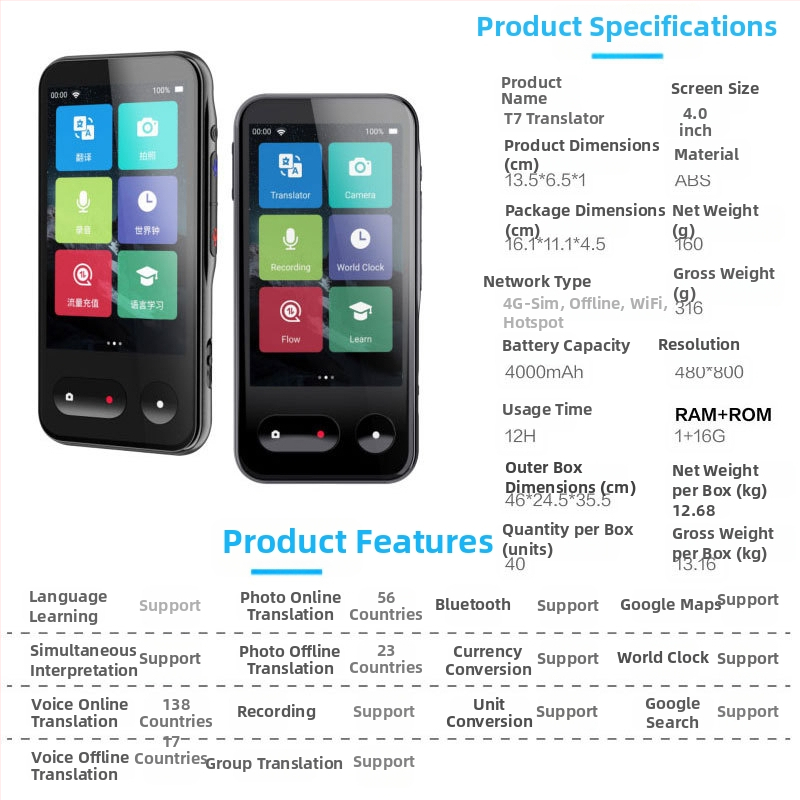 MSAI translator T7138 cu SIM, traducere offline, fotografiere și înregistrare, baterie 4000 mAh