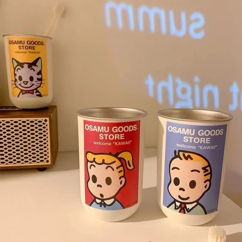Metalna dvostruka čaša za kampiranje, prijenosna čaša za vodu/napitke s karikaturnim dizajnom; Materijal: Metal; Specifikacije: Univerzalno; Pogodno kao dar za blagdane; Personalizirani ispis loga nije dopušten