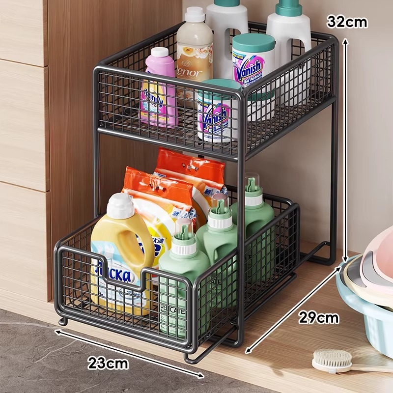 Mosdó alatti kihúzható tároló — minimalistikus 2-szintes fürdőszobai szervező, teherbírás 1 kgig, felület: sütőben sült festék