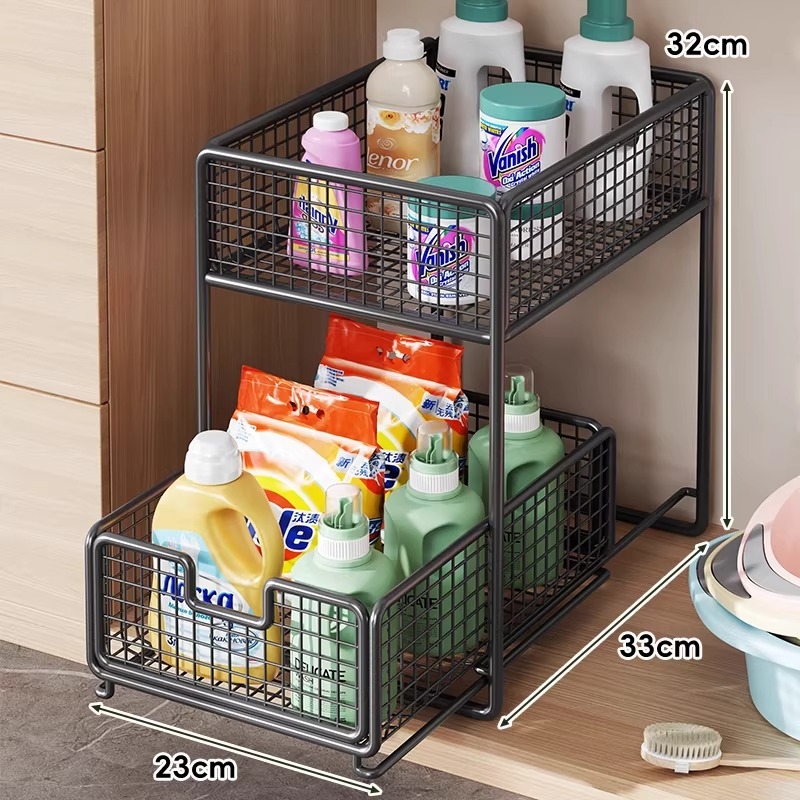 Mosdó alatti kihúzható tároló — minimalistikus 2-szintes fürdőszobai szervező, teherbírás 1 kgig, felület: sütőben sült festék