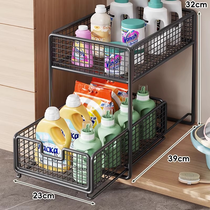 Mosdó alatti kihúzható tároló — minimalistikus 2-szintes fürdőszobai szervező, teherbírás 1 kgig, felület: sütőben sült festék