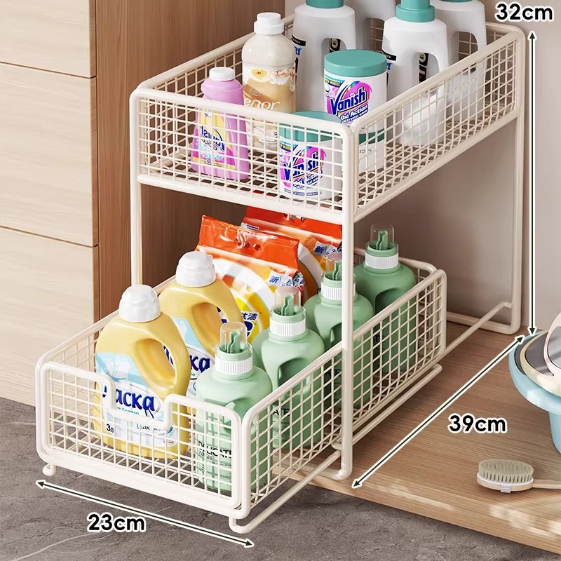 Mosdó alatti kihúzható tároló — minimalistikus 2-szintes fürdőszobai szervező, teherbírás 1 kgig, felület: sütőben sült festék