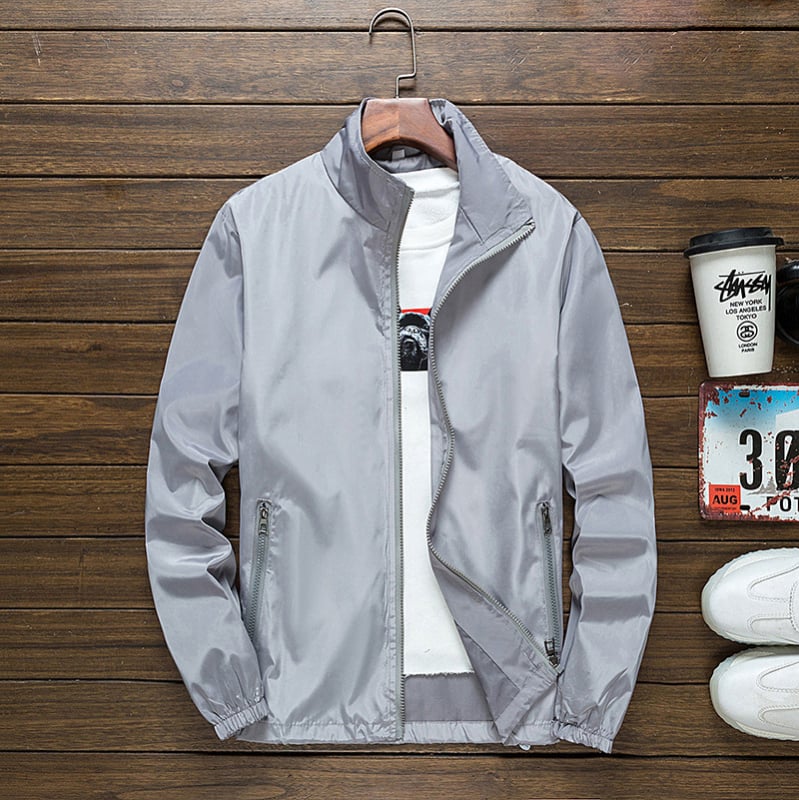 Geacă bărbătească în stil coreean, cu glugă, fermoar, guler înălțat, material: acetat 100%