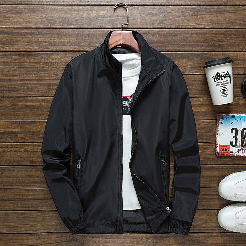 Geacă bărbătească în stil coreean, cu glugă, fermoar, guler înălțat, material: acetat 100%