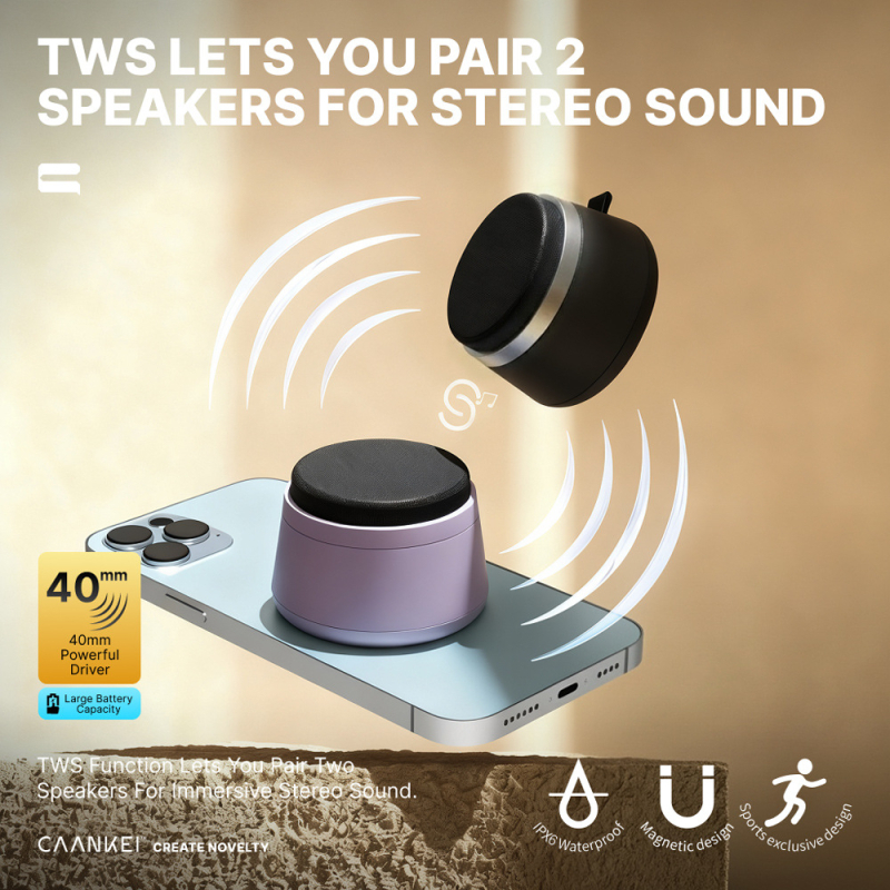 Bluetooth 5.3 mini stolni zvučnik s magnetnim nosačem za telefon, 3W, 100 Hz-20 kHz, IPX6, domet 10 m