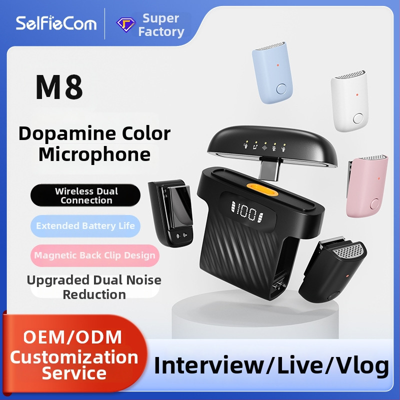 M8 lavalier mikrofón pre živé vysielanie | Bluetooth 5.0, vstavaná batéria 300–500 mAh, výdrž 3–6 h, omnidirekčný príjem, SNR ≥60 dB
