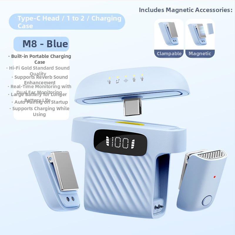 M8 lavalier mikrofón pre živé vysielanie | Bluetooth 5.0, vstavaná batéria 300–500 mAh, výdrž 3–6 h, omnidirekčný príjem, SNR ≥60 dB