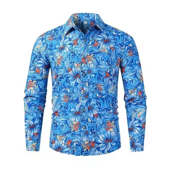 Férfi hosszú ujjú ing virágmintás, négyszögletes gallér, pamut anyag, testhez álló szabás