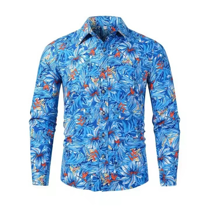 Férfi hosszú ujjú ing virágmintás, négyszögletes gallér, pamut anyag, testhez álló szabás