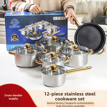 Sada 12 dielov z nerezovej ocele (410) s sklenenými pokrievkami, bezdymový dizajn, vhodná pre bežné varenie