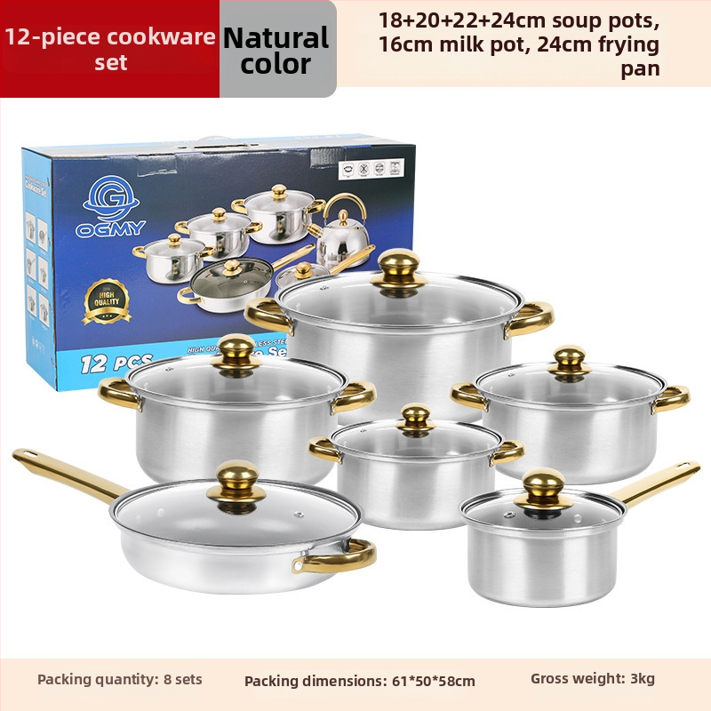 Sada 12 dielov z nerezovej ocele (410) s sklenenými pokrievkami, bezdymový dizajn, vhodná pre bežné varenie