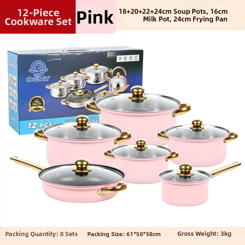 Sada 12 dielov z nerezovej ocele (410) s sklenenými pokrievkami, bezdymový dizajn, vhodná pre bežné varenie