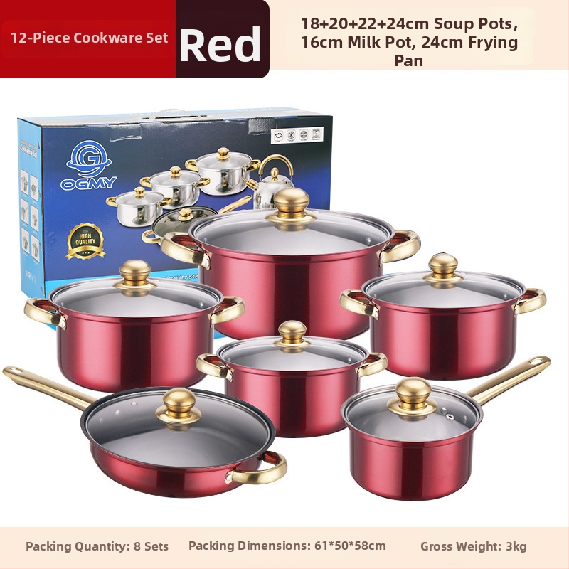 Sada 12 dielov z nerezovej ocele (410) s sklenenými pokrievkami, bezdymový dizajn, vhodná pre bežné varenie