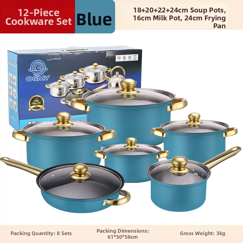 Sada 12 dielov z nerezovej ocele (410) s sklenenými pokrievkami, bezdymový dizajn, vhodná pre bežné varenie