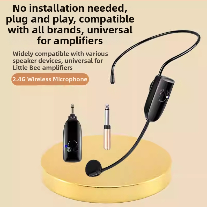 2.4G bežični headset mikrofon, klips na glavu, ugrađena baterija 300–500 mAh, frekvencijski odziv 100 Hz–20 kHz, trajanje baterije 8–12 sati