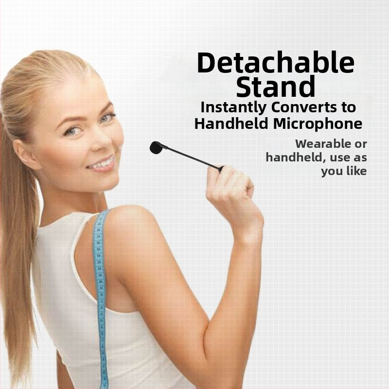 2.4G bežični headset mikrofon, klips na glavu, ugrađena baterija 300–500 mAh, frekvencijski odziv 100 Hz–20 kHz, trajanje baterije 8–12 sati