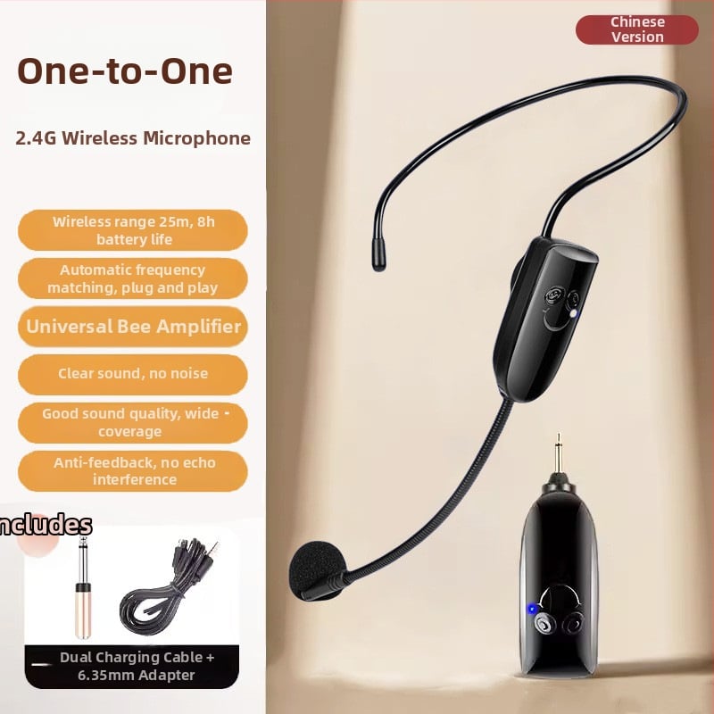 2.4G bežični headset mikrofon, klips na glavu, ugrađena baterija 300–500 mAh, frekvencijski odziv 100 Hz–20 kHz, trajanje baterije 8–12 sati