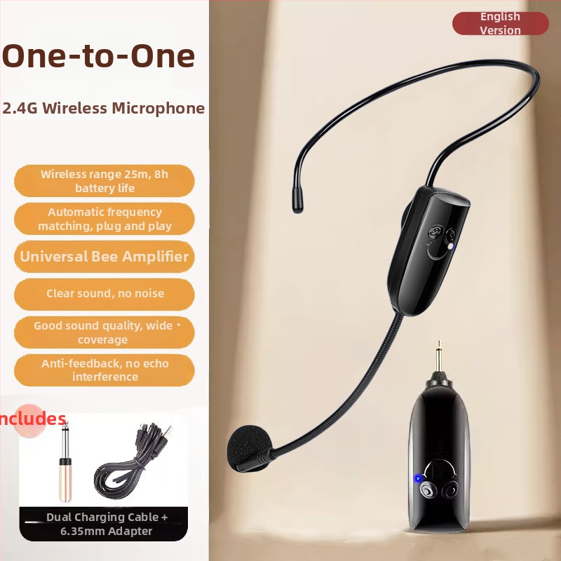 2.4G bežični headset mikrofon, klips na glavu, ugrađena baterija 300–500 mAh, frekvencijski odziv 100 Hz–20 kHz, trajanje baterije 8–12 sati