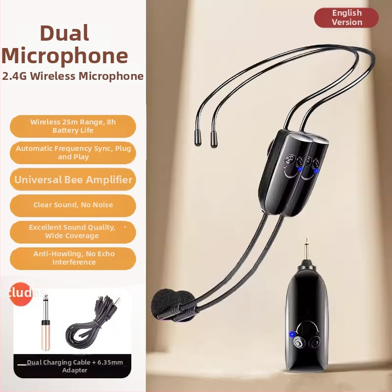 2.4G bežični headset mikrofon, klips na glavu, ugrađena baterija 300–500 mAh, frekvencijski odziv 100 Hz–20 kHz, trajanje baterije 8–12 sati