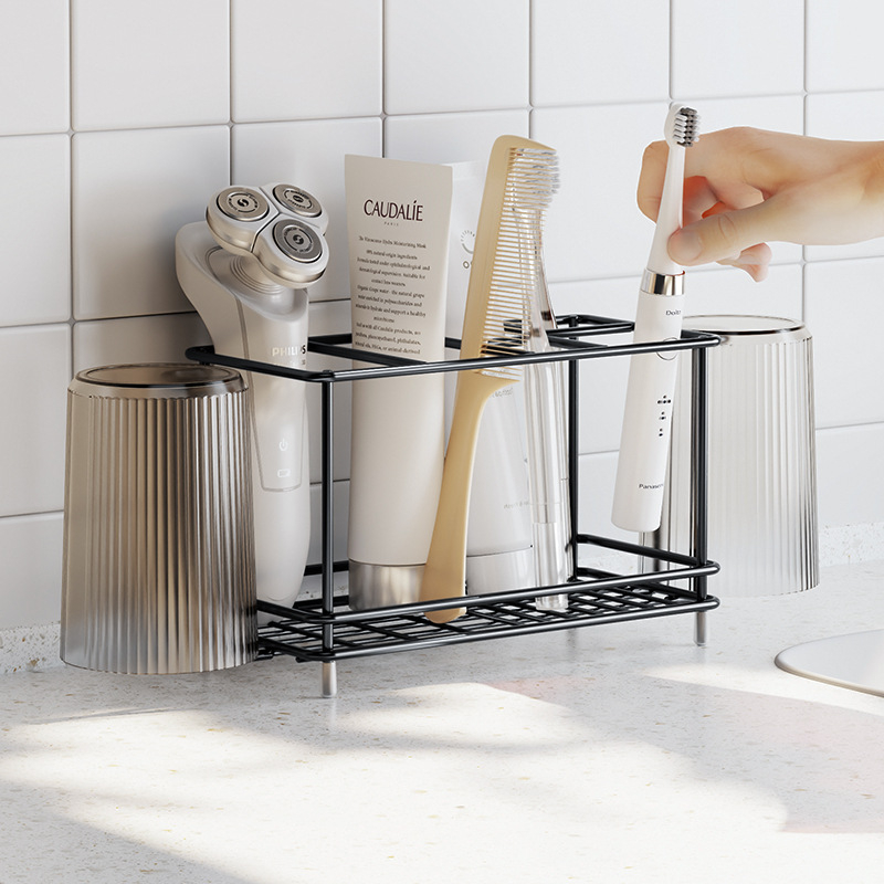 Szénacél fogkefetartó és fogkrém-tároló a fürdőszobába, asztali rendező, fúrás nélküli szerelés