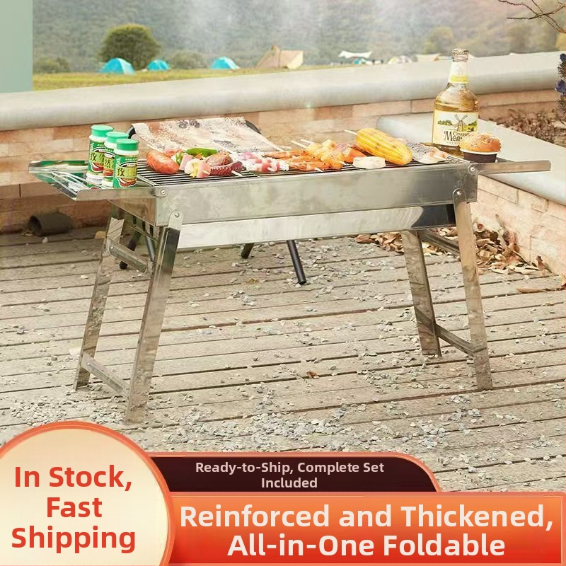 Zložiteľný gril na BBQ z nehrdzavejúcej ocele, 304, štvorcový tvar, mreža na grilovanie s nepriľnavým povrchom, kompletná sada pre kempovanie
