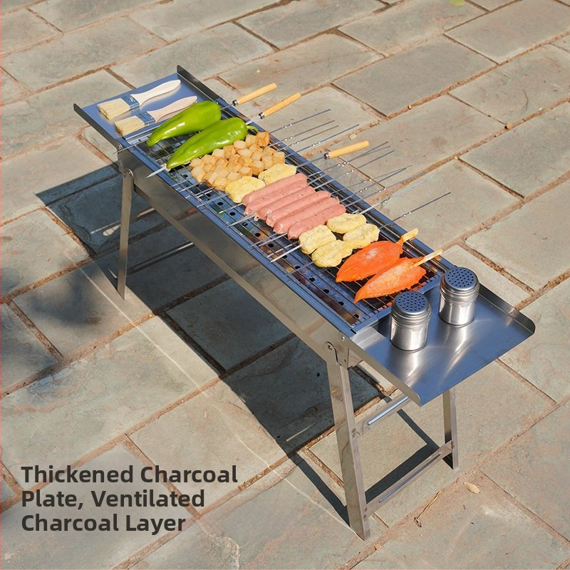 Zložiteľný gril na BBQ z nehrdzavejúcej ocele, 304, štvorcový tvar, mreža na grilovanie s nepriľnavým povrchom, kompletná sada pre kempovanie