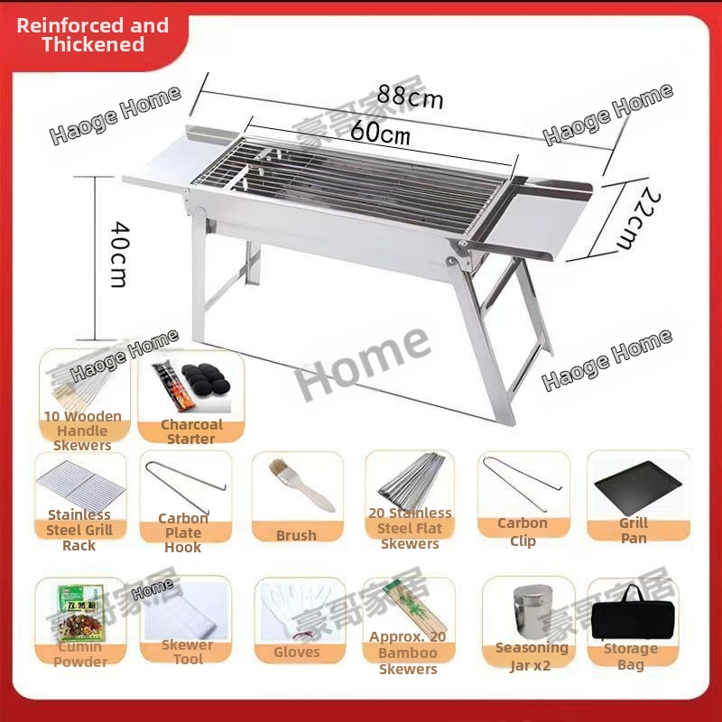 Zložiteľný gril na BBQ z nehrdzavejúcej ocele, 304, štvorcový tvar, mreža na grilovanie s nepriľnavým povrchom, kompletná sada pre kempovanie