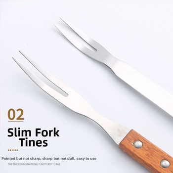 Set noževa i vilica za vanjsko roštiljanje s drvenim ručkama i nehrđajućim oštricama — uključuje nož za meso, nož za steak i roštiljske vilice, u modernom minimalističkom stilu