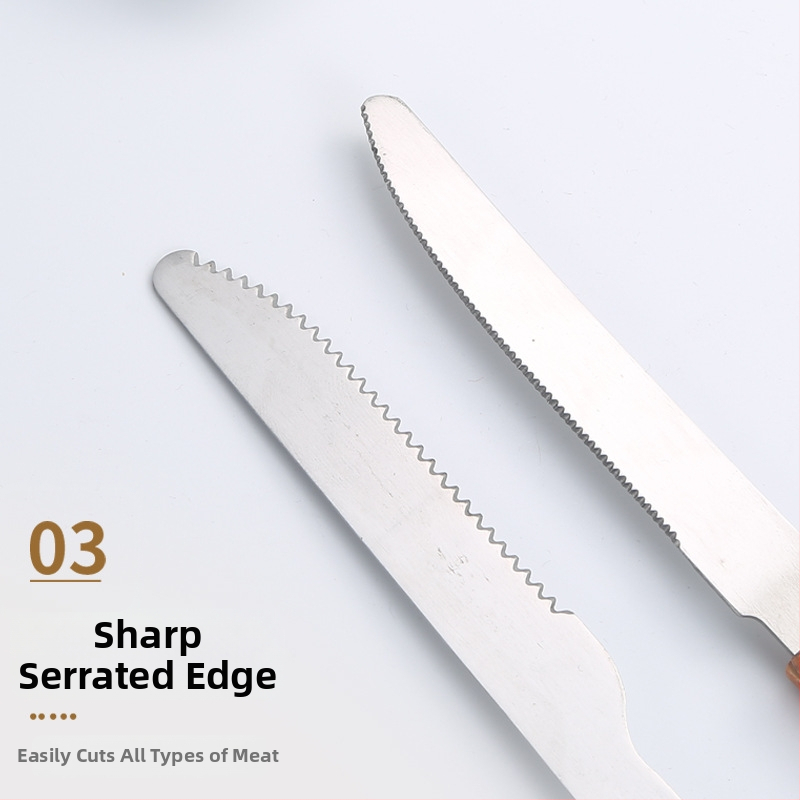 Set noževa i vilica za vanjsko roštiljanje s drvenim ručkama i nehrđajućim oštricama — uključuje nož za meso, nož za steak i roštiljske vilice, u modernom minimalističkom stilu