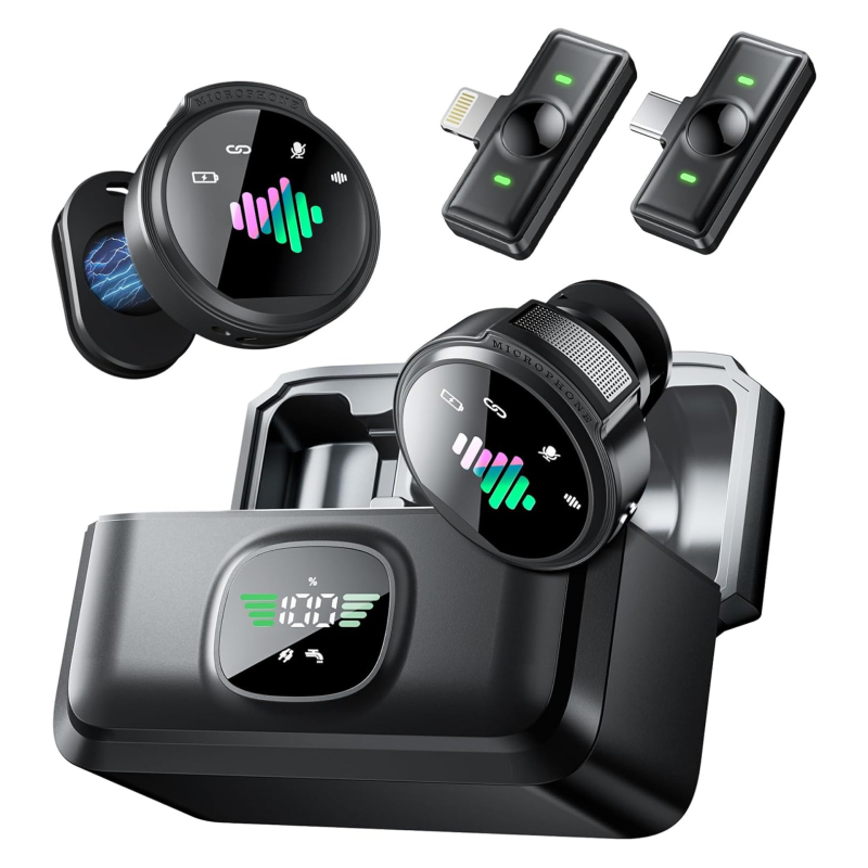 Microfon lavalier cu două microfoane magnetice pentru difuzare în direct, reducere zgomot, baterie încorporată 300–500 mAh, răspuns în frecvență 20 Hz–20 kHz