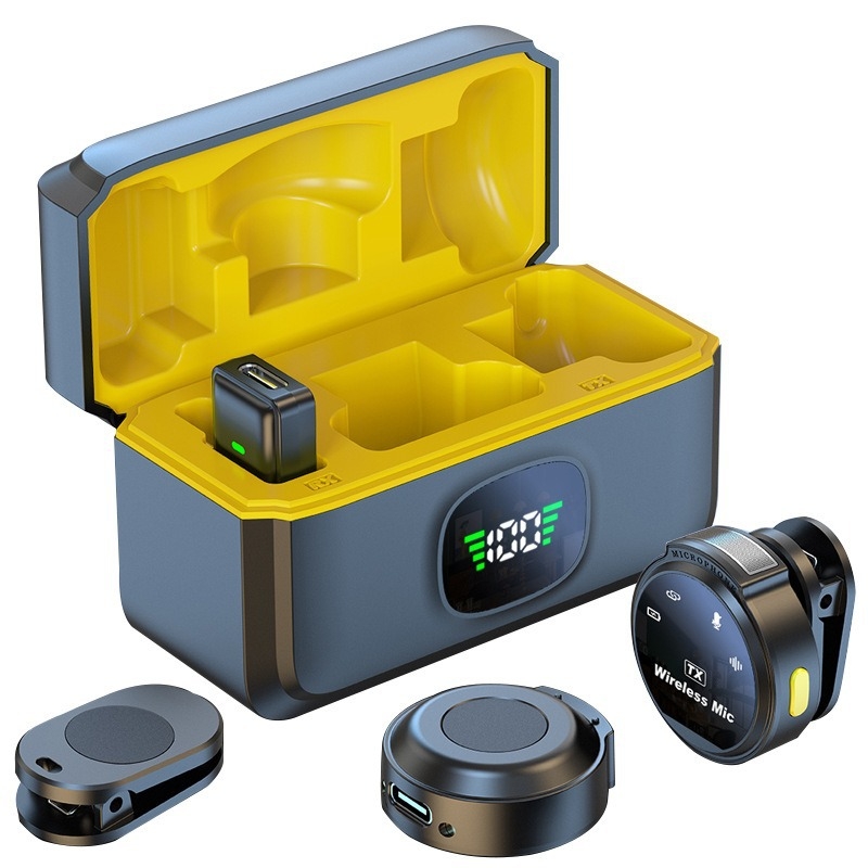 Microfon lavalier cu două microfoane magnetice pentru difuzare în direct, reducere zgomot, baterie încorporată 300–500 mAh, răspuns în frecvență 20 Hz–20 kHz