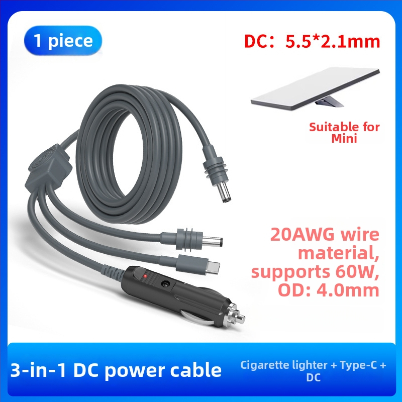 Cablu DC 3 în 1 pentru mașină: interfață DC 5.5×2.1 mm, conector brichetă DC5521, interfață Type-C cu conversie automată 12–20 V, 100 W