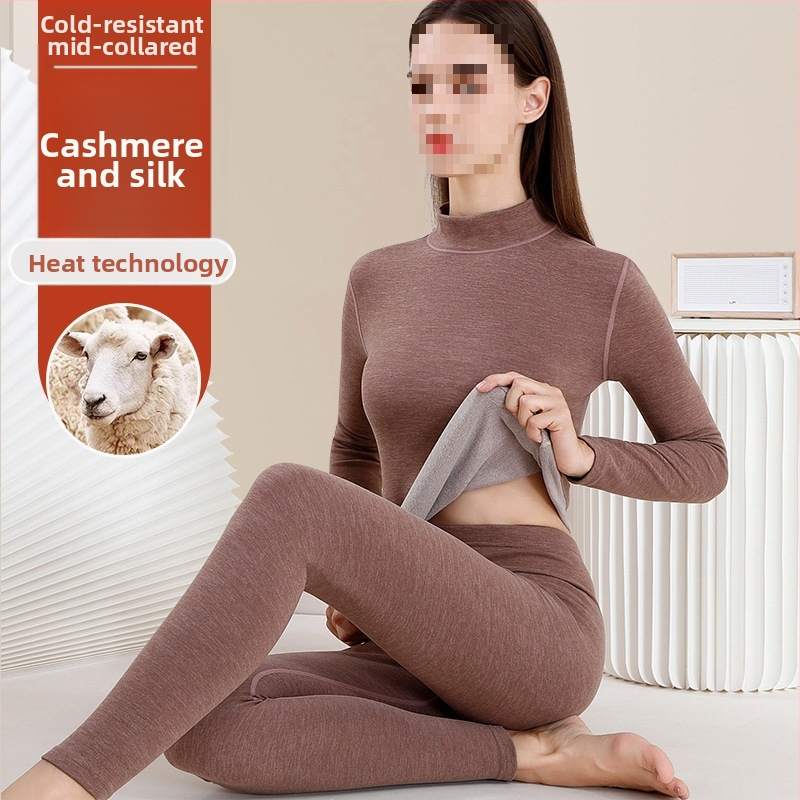 Dámsky vlnený termálny set spodného prádla - vysoký golier, dlhé rukávy, jednobarevný vzor, vlnená látka, japonsko-kórejský voľný štýl