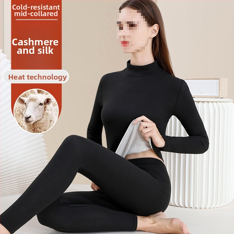 Dámsky vlnený termálny set spodného prádla - vysoký golier, dlhé rukávy, jednobarevný vzor, vlnená látka, japonsko-kórejský voľný štýl