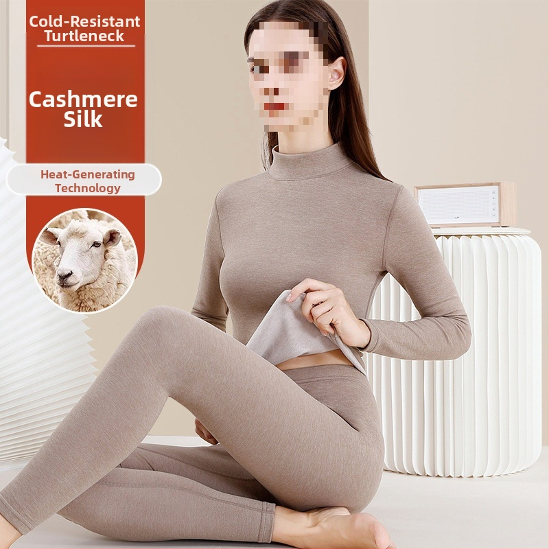 Dámsky vlnený termálny set spodného prádla - vysoký golier, dlhé rukávy, jednobarevný vzor, vlnená látka, japonsko-kórejský voľný štýl